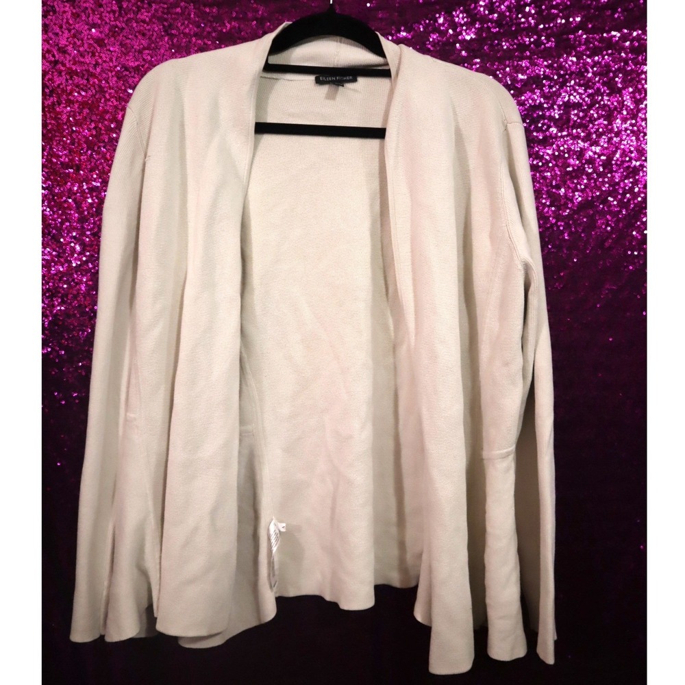 *FLAWED* Cream Open Cardigan XL Eileen Fisher Silk Cotton Blend Knit Sweater